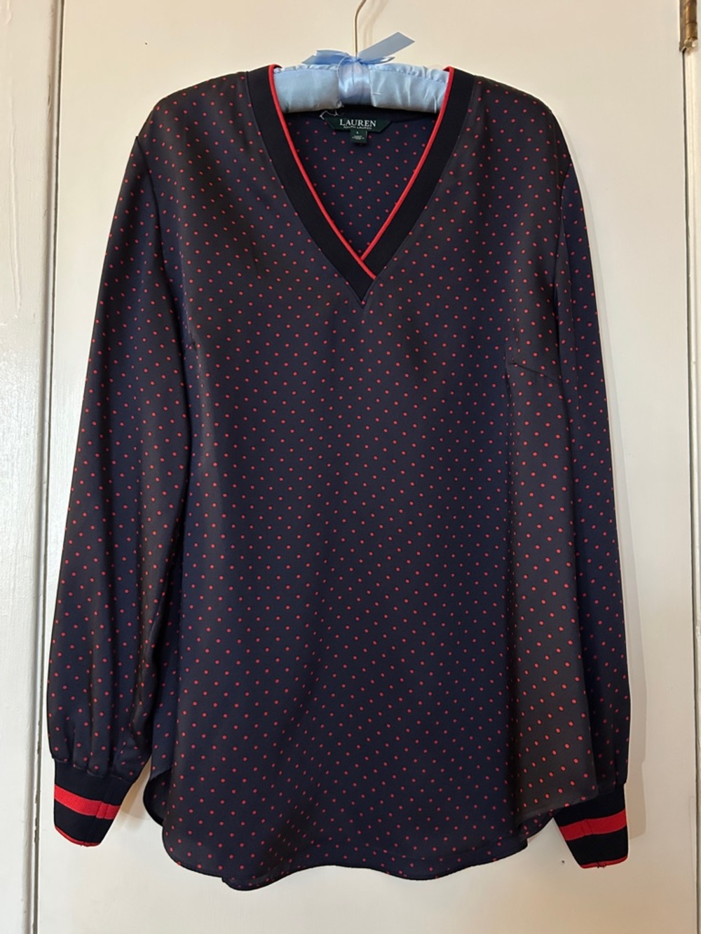 Lauren Ralph Lauren Navy and Red Polka Dot V-Neck Blouse